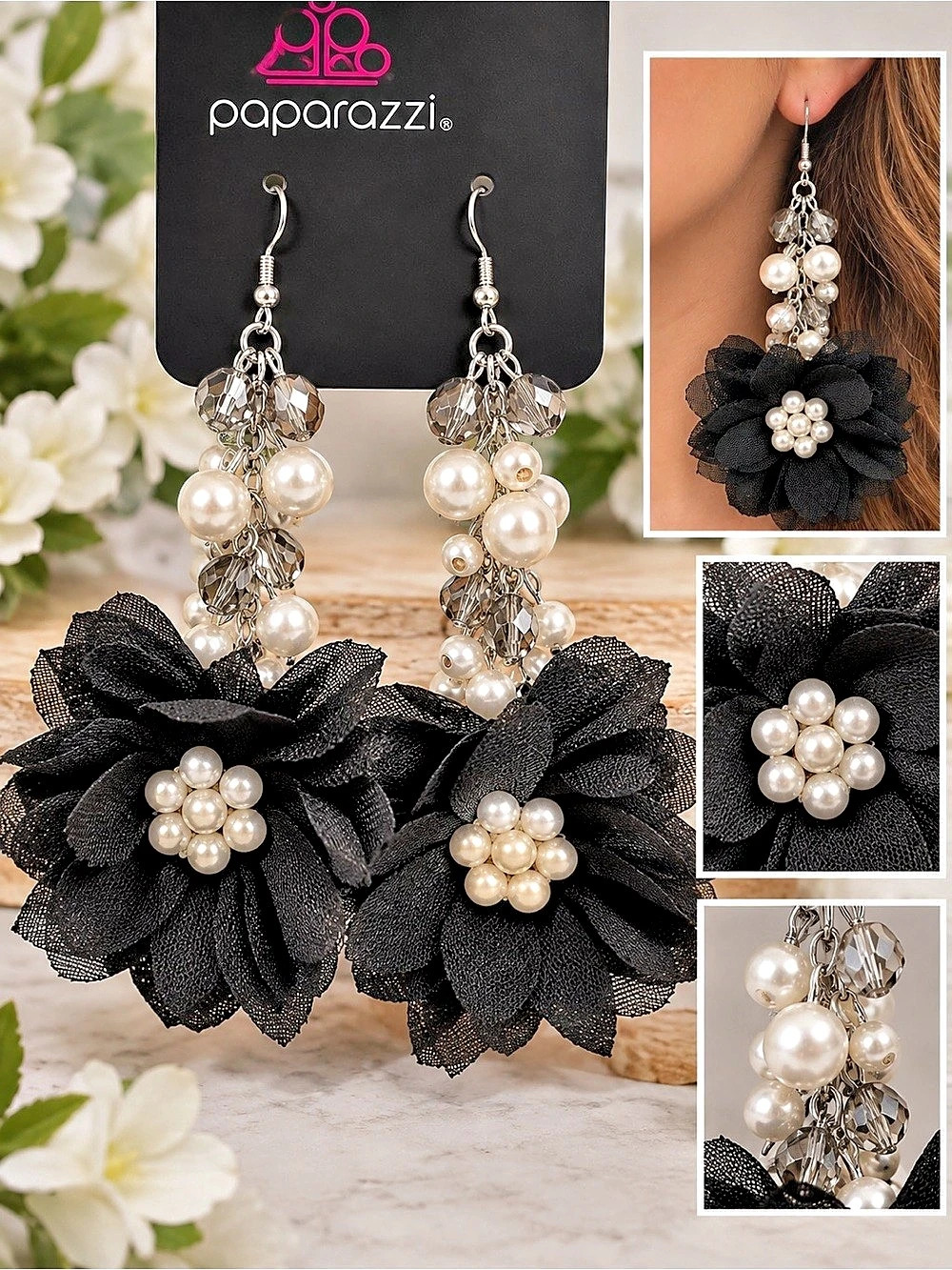 Paparazzi Black Mesh Flower Pearl Cluster Dangle Earrings